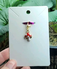 Gold Enamel Red White Mushroom Charm Zipper Pull/ Keychain Add On Clip