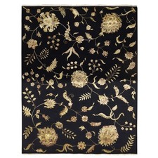 9'2" x 11'8" Caviar Black Wool and Silk Botanical Design Hand Knotted Rug R75593