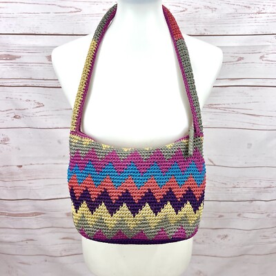 Vintage Y2K The Sak Rainbow Chevron Zig Zag Boho Crochet Hobo Shoulder Bag