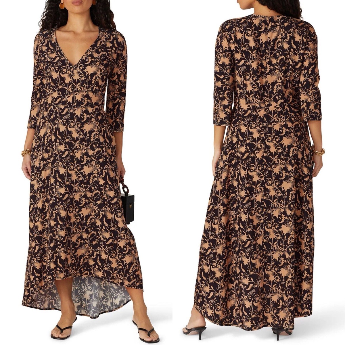 まりあ ZERO + MARIA CORNEJO Isle Dress Women 8 Black Tan Floral Silk 3/4