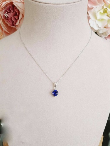 2Ct Natural Blue Sapphire Pendant Necklace With Chain 14k White Gold Plated - Picture 4 of 5