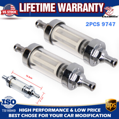 2PC 9747 5/16'' Universal Chrome Glass Clearview Fuel Filter Petrol Diesel Inline