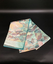 Japanese kimono BeltElegant Floral  Geometric Pattern Fukuro Obi Blue-Green