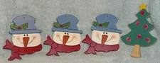 3 WOOD SNOWMAN HEAD AND ONE CHRISTMAS TREE! ORNAMENTS