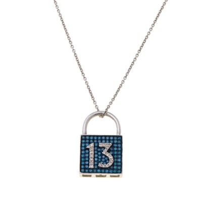 Rarities Womens Sterling Silver Pave Charm Blue White Diamond Lock Necklace 18''