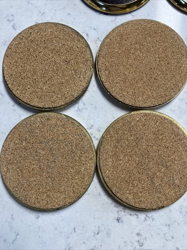 Solid BRASS and Brown LEATHER 4 CON Agra COASTERS with CORK Bottom - Picture 2 of 5
