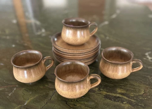 Set 4 Denby Cups & 5 Saucers Romany Brown Speckled Stoneware England Vtg