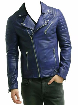 Men's Stylish Biker Jacket Genuine Lambskin Napa Leather Blue Motorcycle Jacket