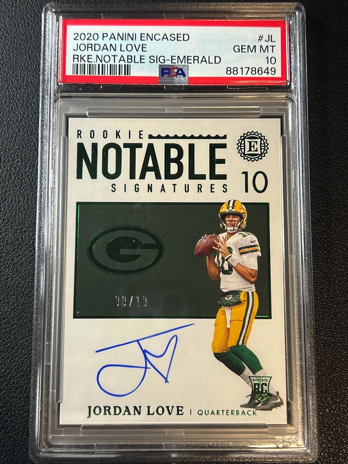 Jordan Love Panini Encased Rookie Notable Signatures #JL Emerald
