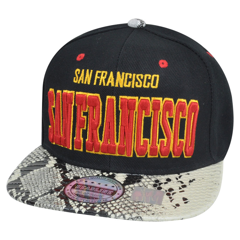 San Francisco Animal Snake Skin Faux Black Red Yellow Snapback Flat Bill Hat Cap