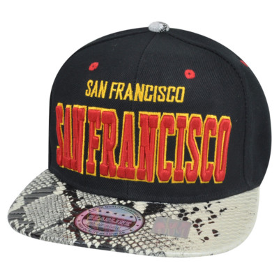 San Francisco Animal Snake Skin Faux Black Red Yellow Snapback Flat Bill Hat Cap