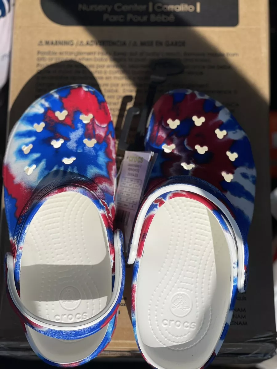 Disney Parks Mickey Mouse Red White Blue Tie Dye CROCS Clog NWT