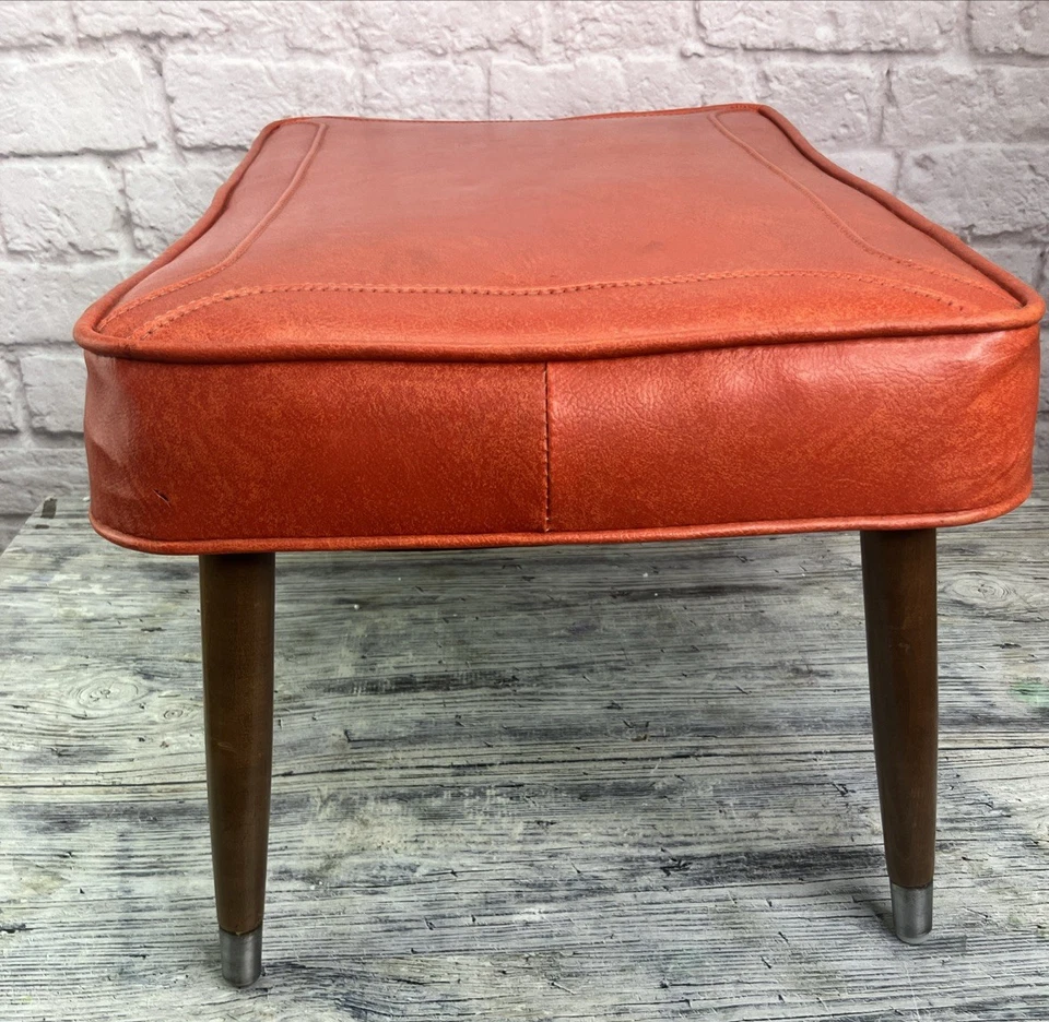 Vintage Retro MCM Orange Vinyl Footstool Bench Wood Legs 21”x12.5”x12.5” - Image 3 of 4
