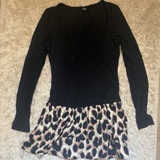 Women's Black Long Sleeve Square Neck Mini Dress Leopard Animal Print