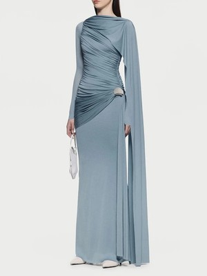 round party dresses for ladies Women's Round Neck Puff Short Blue Dress Pleated Cocktail Party Dresses Gown