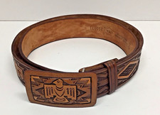 Chambers Hand-Painted Brown Tooled Leather Belt, Removable Leather Buckle, Sz 40