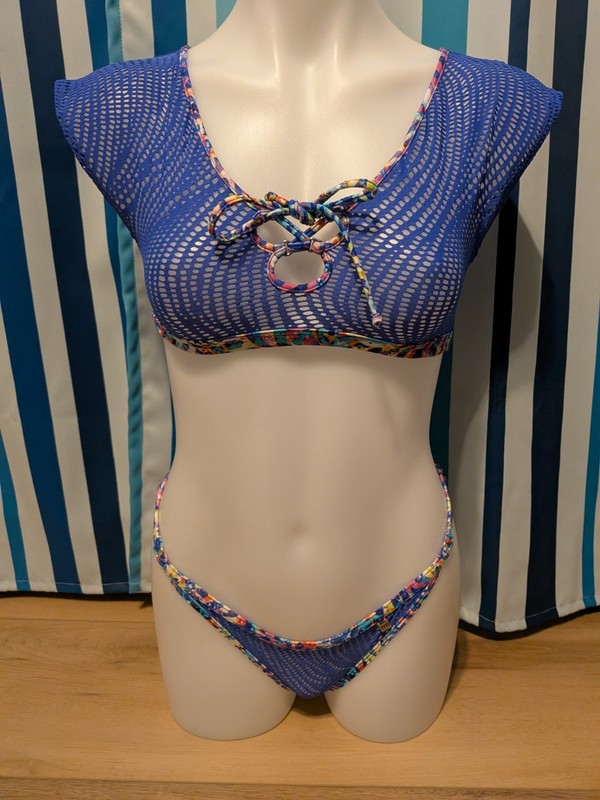 Wicked Weasel Blue Mesh Crop Top Bikini Small Top and Large Bottoms