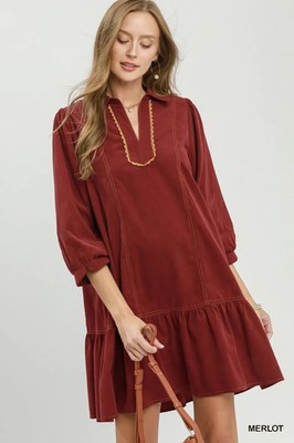 Umgee Corduroy Contrast Trim Tiered Babydoll Dress - Merlot - Medium