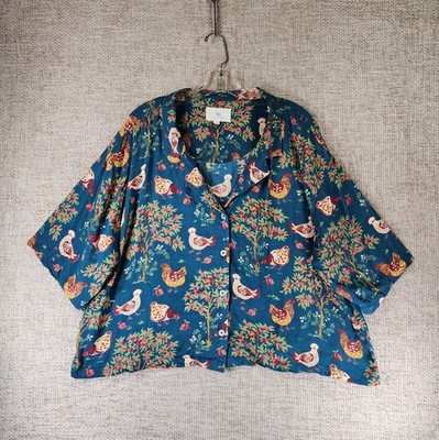 Printfresh Chickens & Roosters Pajama Top Womens 1X Teal Cropped Short Sleeve