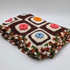 Vtg Handmade 3D Flower Granny Square Blanket Throw 49.5 x 30 Crochet Cottagecore