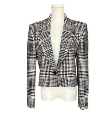 Vintage Jaeger 100% Wool Cropped Blazer Plaid Check Dark Academia Size 8/10