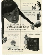 1945 Westinghouse Radio Phonograph Console Cabinet Girl with Pigtails Print Ad