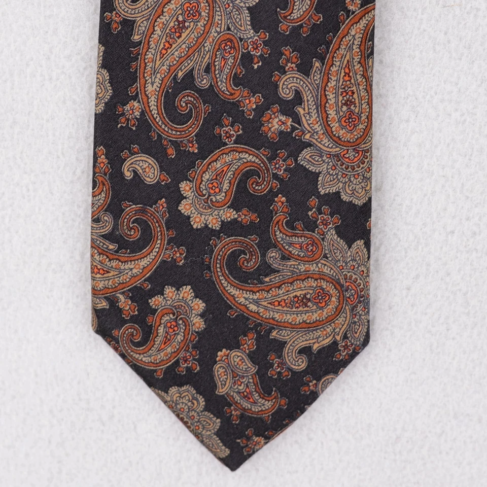 Sulka All Silk Neck Tie Black w/Orange/Tan Paisley Pattern Hand Made Satin Short - Image 2 of 4