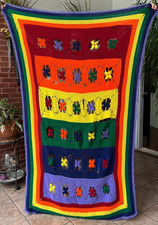 Vintage Handmade 3D Crochet Rainbow Blanket Flower Afghan Large 71" x 41" Boho