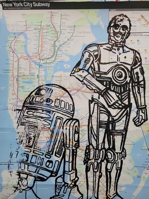 Rare Handpainted Disney Star Wars R2D2 & C3PO on NYC Subway Map Acrylic Paint