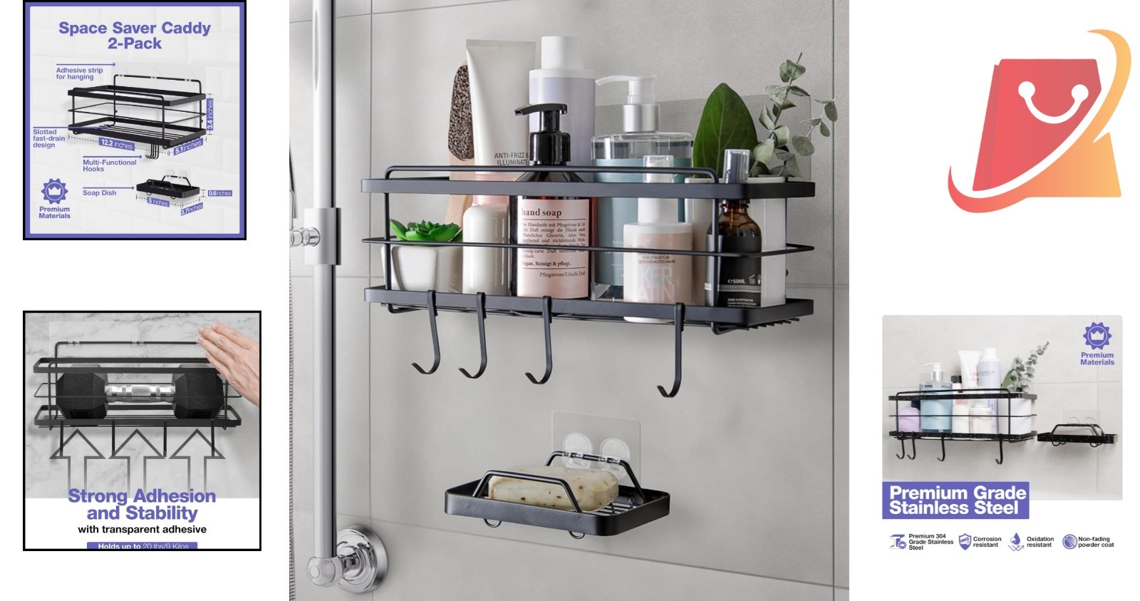 Bathroom Shower Organizer Stainless Steel No Drill Rustproof 4 Hooks Storage