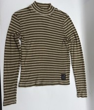 Vintage 90s Calvin Klein Jeans Olive Striped Mock Neck Ribbed Top M USA Y2K