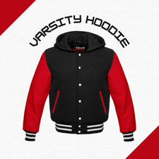 Varsity Baseball Letterman Casual Bomber Jacket Hoodie Genuine Leather Sleeves