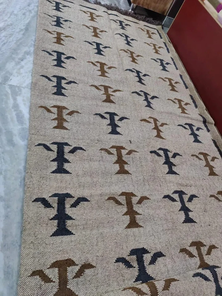 Alfombra de lana y yute hecha a mano, alfombra Kilim Dhurrie, pasillo tradicional indio Foto 2 de 4