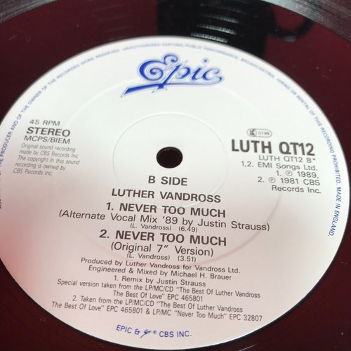 LUTHER VANDROSS Never Too Much Remix '89 1989 UK 3-track 12" vinyl single - Picture 3 of 4