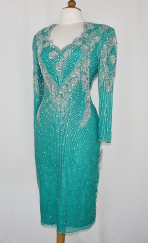 Abito vintage JASDEE a maniche lunghe perline e paillettes lavorato a mano su seta stile 3017 - Foto 3 di 3