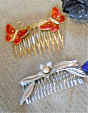 Vtg. SET OF 2 - 1960's GOLD TONE SILVER TONE FLOWER BUTTERFLY HAIR COMBS
