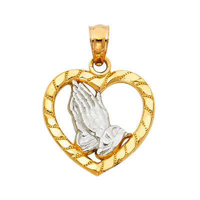 GOLD-14K zweifarbig religiös betende Hände Herz Charm Anhänger für Halskette Kette