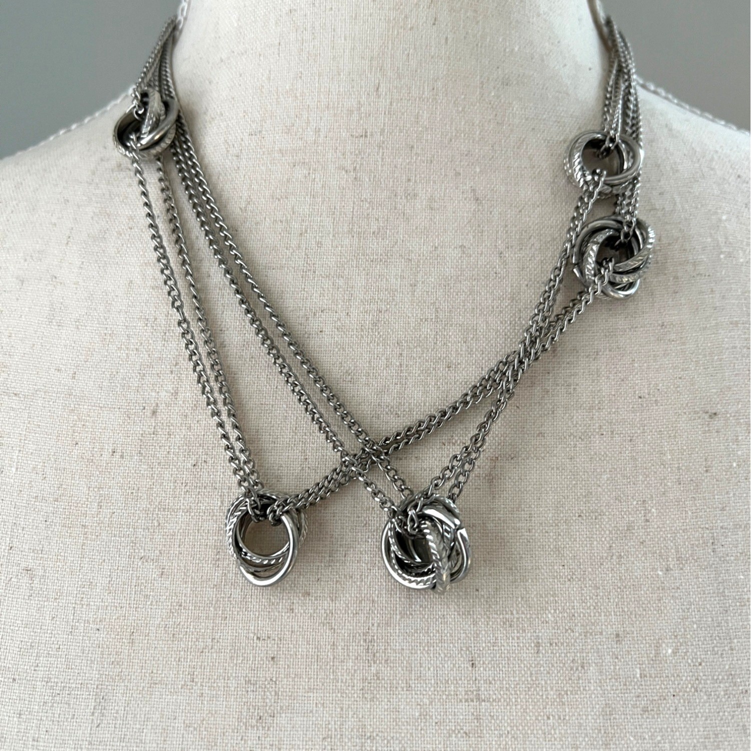 * Long Silver Tone Double Chain Interlocking Ring… - image 2