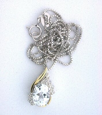 8x6 Oval White Topaz Diamond Chip 10Kt Gold Plate Sterling Pendant 18 ...