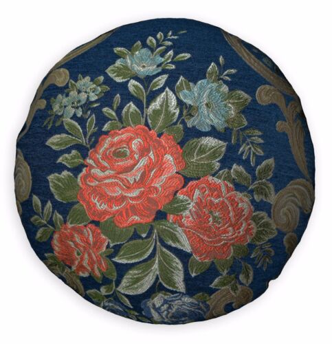 We504n Blue Damask Rose Chenille Round Shape Throw Pillow Case/Cushion Cover*Siz - Picture 1 of 5