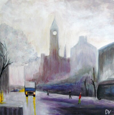 Acrylic painting ''In the Mist'' urbanistic, evening, good mood, beautiful place