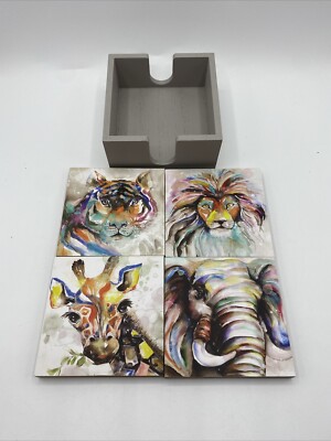 Ganz Zoo Animal Safari Coasters 5 Piece Giraffe Tiger Lion Elephant Square
