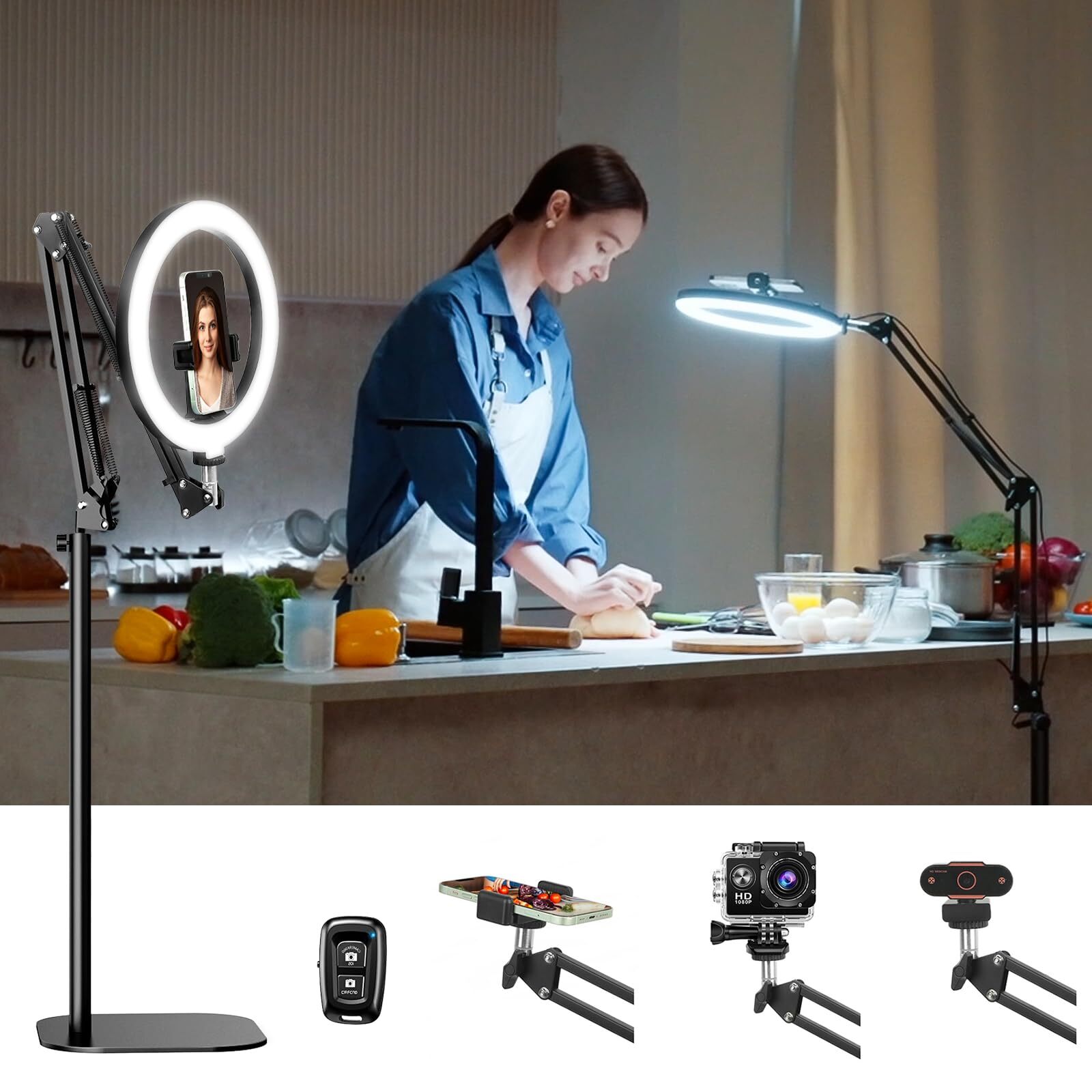 Latest Ring Light with Stand Tripod for iPhone, Overhead Phone Camera Mount w...-image