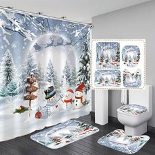 Winter Christmas Shower Curtain Set Xmas Snowman Shower Curtain Decor Bathroom S