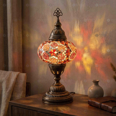 Bernsteinfarbene türkische Mosaik Tischlampe - handgefertigte marokkanische Nachttischlampe