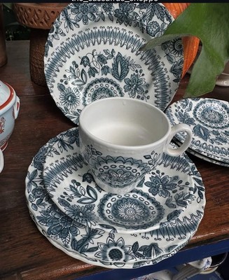 Set of 3 Offbeat Blue BARKER BROS LTD Royal Tudor Snack Plate, Cup, Saucer Set