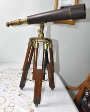 Brass Telescope with Wooden Tripod Stand Maritime Nautical Antique Desk Vintage