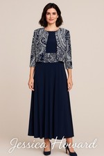 Jessica Howard Sleeveless Dress Jacket Navy Blue Solid Floral 2-Piece
