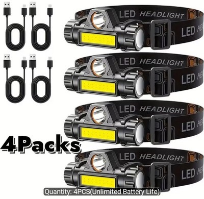 SET OF 4 COB LED HEADLAMP RECHARGEABLE SUPER BRIGHT LONG LASTING, HEADLIGHT FOR