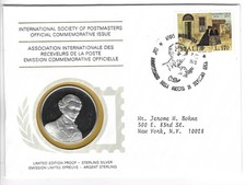 .595 Troy Oz Silver Proof Coin  International Society of Postmasters FDC Italy